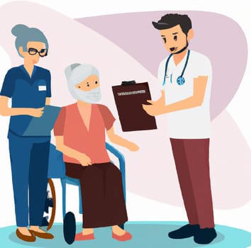 Wheelchair long-term care elderly helper, Medical concept design with nurse and patient, ilustration in trendy flat style isolated on white background, Men and women in long-term care snuggling up to a wheelchair for elderly women ilustr