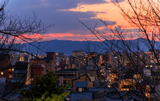 Beautiful sunset through bare branches with city lights in background. High quality photo