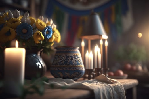 Culture of Ukraine, authenticity, uniqueness, independence and endurance. Local things, clothes, terrain. Yellow Ukrainian symbols, villages. High quality Generative AI .