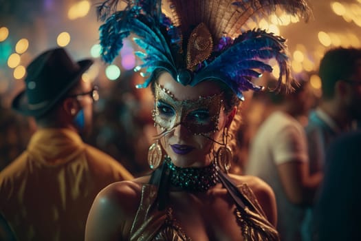 Carnival party festival mask. Colourful mardi gras beads, confetti, feathers. Popular Event in Brazil. Festive Mood.entertainment luxury . Generative AI