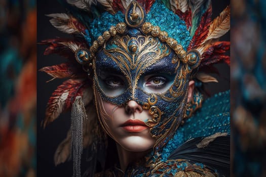 Carnival party festival mask. Colourful mardi gras beads, confetti, feathers. Popular Event in Brazil. Festive Mood.entertainment luxury . Generative AI