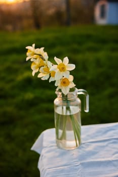 aesthetic photograph of daffodil bouquets standing on a street table. High quality photo