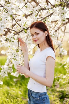 portrait of a happy woman with red hair in casual clothes touching flowers on the branches of a fruit tree. High quality photo