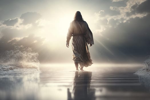 Jesus Christ walks on water. Religious concept . Bible. Faith. Drawing with paints. Painting.