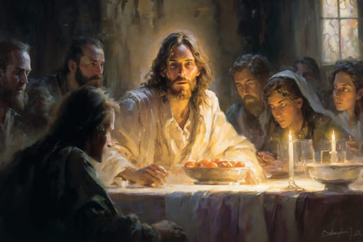 The Last Supper. The religious concept of the assembly of Jesus Christ with the 12 apostles. Bible. Faith. Drawing with paints. Painting.