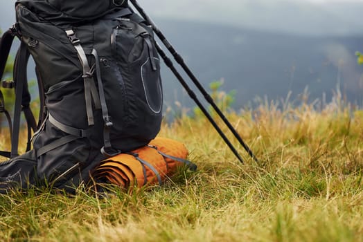 Touristick backpack. Majestic Carpathian Mountains. Beautiful landscape of untouched nature.