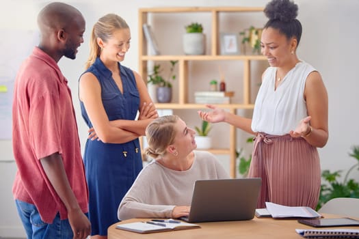 Business people, startup meeting and woman with laptop in office with planning, question or teamwork. Group, diversity and support for black man, women or happiness for proposal, solution or strategy.