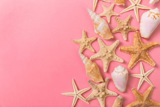 sea shells and starfish on a pink background and sand. Vacation time concept.