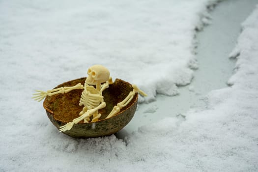 the skeleton rides on the hemisphere as on a sled in the snow. Skeleton chili and having fun creative composition