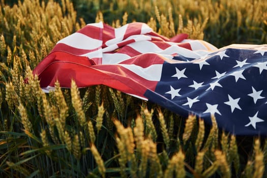 Close up view of USA flag that lying down on the agricultural field. Conception of freedom.