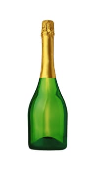 Close up one full unopen green glass bottle of champagne or prosecco white sparkling wine with golden foil, no paper label, isolated, cut out PNG on transparent background