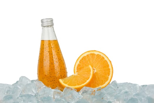 Close up one glass bottle of cold orange juice cocktail drink with chia seeds and half cut orange on ice cubes isolated on white background, low angle side view