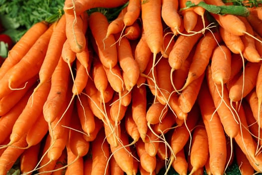 Close up heap of many fresh washed new farm carrot bunches at retail display of farmer market, high angle view