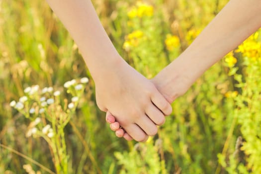 Friendship of two child girls, close-up hands of children holding together, walking in summer meadow
