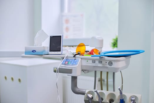 Kyiv UA, 31-07-2019. Dental office interior, close-up of dental equipment, tools and materials.