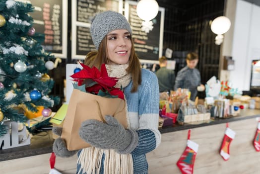 Winter portrait of young beautiful woman in knitted scarf, knitted hat, mittens, warm sweater with Christmas red poinsettia flower. Girl near bar counter, Christmas decorated tree in coffee shop