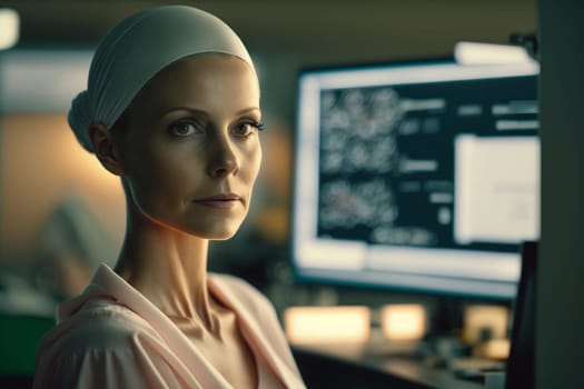 Oncology. Cancer cells. Chemotherapy. Portrait patient feels optimistic, supports sick people, volunteers. Faith in the future. Fighting to win. Treatment and recovery. .