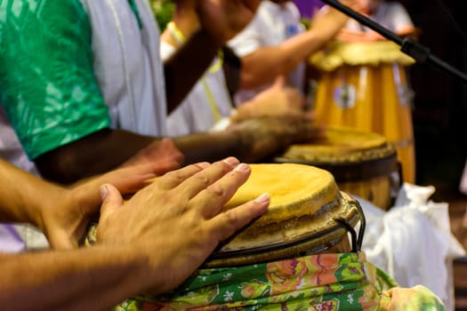 Drums called atabaque in Brazil being played during a ceremony typical of Umbanda, an Afro-Brazilian religion where they are the main instruments