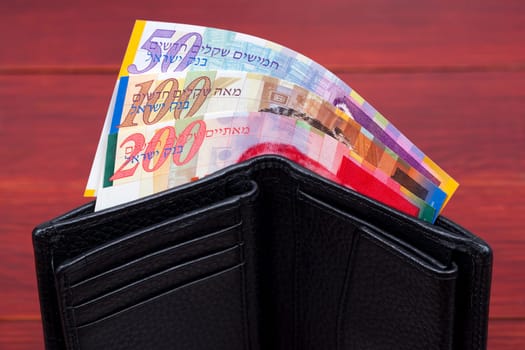 Banknotes from Israel in a black wallet