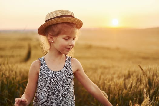 Little girl standing on the agricultural field at evening time. Conception of summer free time.