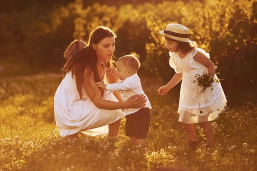 Cheerful family of mother, little son and daughter spending free time on the field at sunny day time of summer.