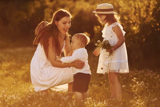 Cheerful family of mother, little son and daughter spending free time on the field at sunny day time of summer.