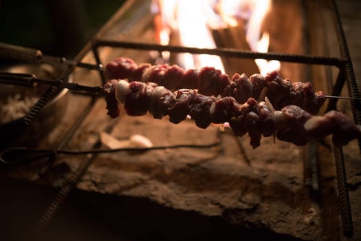 Meat with smoke on the barbecue grill. Fried meat of pork,beef, lamb on skewers are fried on fire, skewers on a metal skewer are grilled in the open air. Picnic concept.