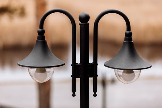 Black iron retro style street lantern in front of the park and river.