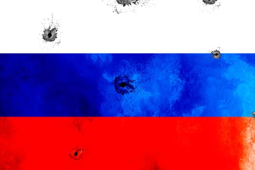 Russian flag with big crack or bullet hole. Military conflict and war in country concept background photo. Russian flag on a weathered grunge background