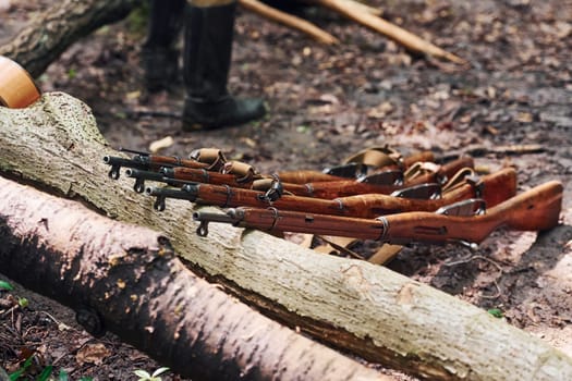 TERNOPIL, UKRAINE - June 2020 UPA Ukrainian Insurgent Army movie filming. Pictures of backstage. Weapons lying down.