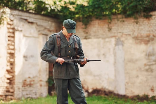 TERNOPIL, UKRAINE - June 2020 UPA Ukrainian Insurgent Army movie filming. Pictures of backstage. Young soldier with weapon.