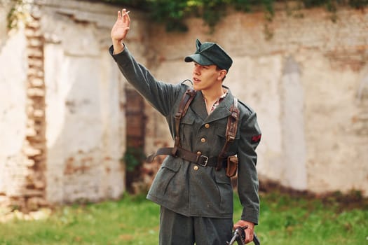 TERNOPIL, UKRAINE - June 2020 UPA Ukrainian Insurgent Army movie filming. Pictures of backstage. Young soldier with weapon.