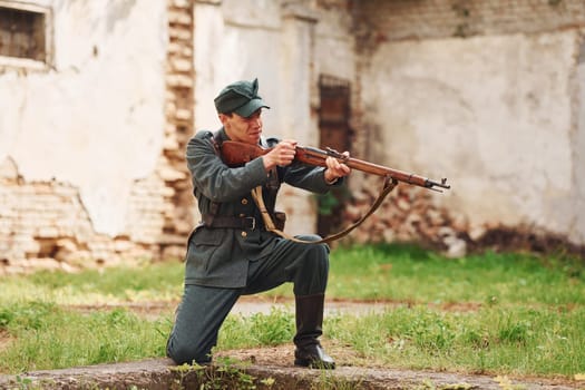 TERNOPIL, UKRAINE - June 2020 UPA Ukrainian Insurgent Army movie filming. Pictures of backstage. Young soldier with weapon.