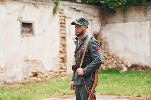 TERNOPIL, UKRAINE - June 2020 UPA Ukrainian Insurgent Army movie filming. Pictures of backstage. Young soldier with weapon.