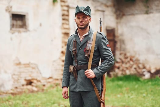 TERNOPIL, UKRAINE - June 2020 UPA Ukrainian Insurgent Army movie filming. Pictures of backstage. Young soldier with weapon.