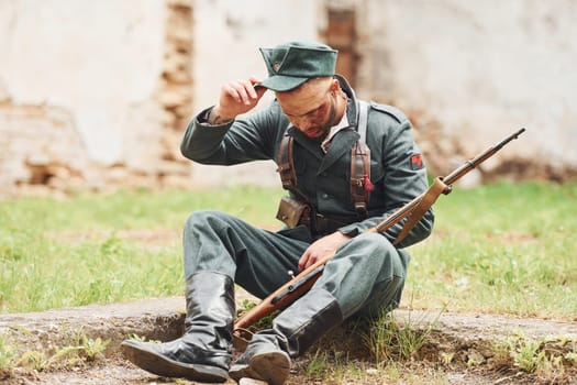 TERNOPIL, UKRAINE - June 2020 UPA Ukrainian Insurgent Army movie filming. Pictures of backstage. Young soldier with weapon.