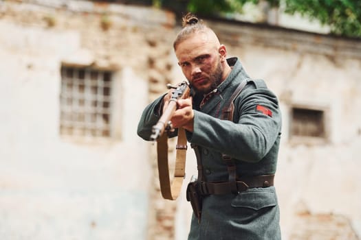 TERNOPIL, UKRAINE - June 2020 UPA Ukrainian Insurgent Army movie filming. Pictures of backstage. Young soldier with weapon.