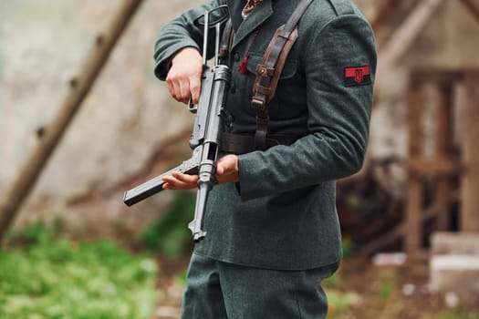 TERNOPIL, UKRAINE - June 2020 UPA Ukrainian Insurgent Army movie filming. Pictures of backstage. Young soldier with weapon.