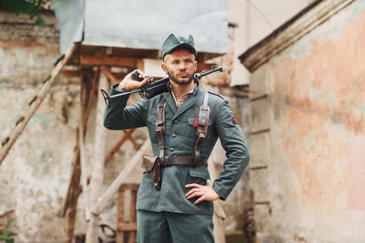 TERNOPIL, UKRAINE - June 2020 UPA Ukrainian Insurgent Army movie filming. Pictures of backstage. Young soldier with weapon.