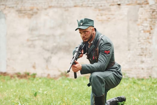 TERNOPIL, UKRAINE - June 2020 UPA Ukrainian Insurgent Army movie filming. Pictures of backstage. Young soldier with weapon.