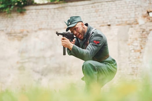 TERNOPIL, UKRAINE - June 2020 UPA Ukrainian Insurgent Army movie filming. Pictures of backstage. Young soldier with weapon.