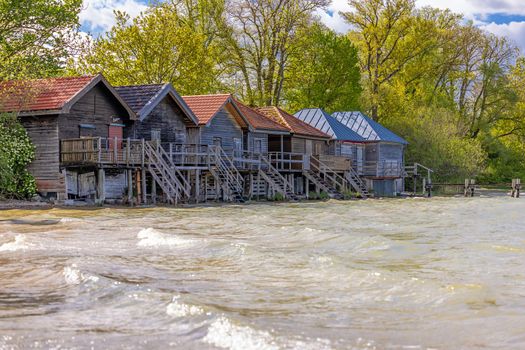 Ammersee, Bavaria, Germany, boat houses on the water 
