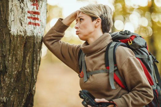 Shot of a worried mature woman using hiking trail sign on a tree during walk through the forest in autumn.