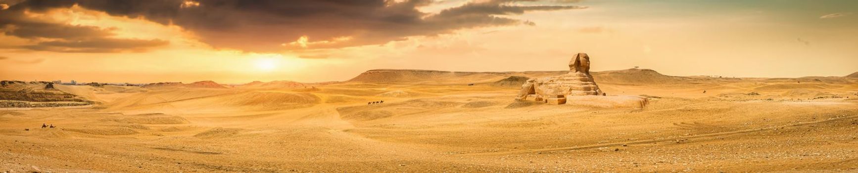 Great Sphinx in egyptian desert at foggy sunrise