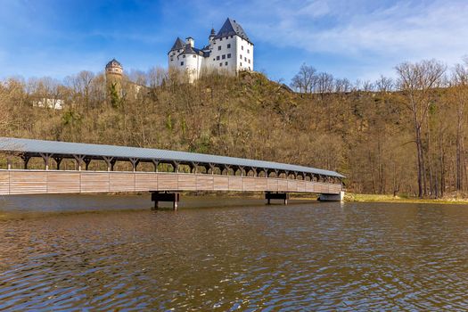 View of Burgk Castle and wooden bridge, Germany, Thuringia 