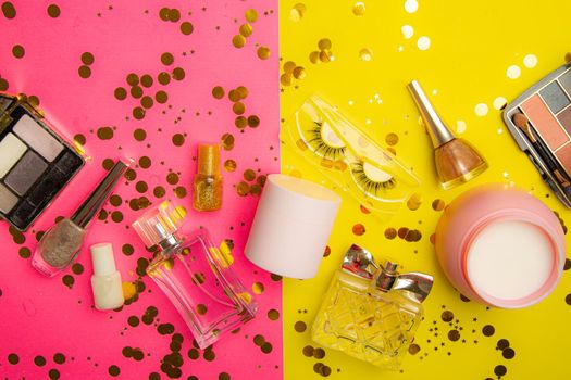 Bright makeup layout . Fashion industry. Cosmetology. Makeup Glitter Bright background