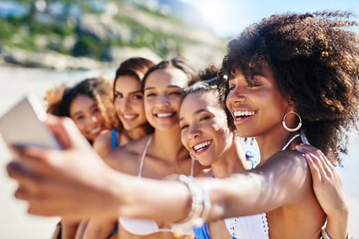 Summer girl squad. a group of happy young women taking selfies together at the beach