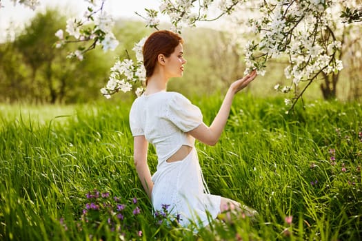 sweet, beautiful woman in a light short dress touches the branches of a flowering tree. High quality photo