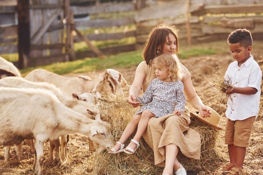 Young mother with her daughter is on the farm at summertime with goats.