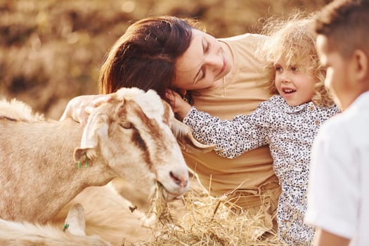 Young mother with her daughter is on the farm at summertime with goats.